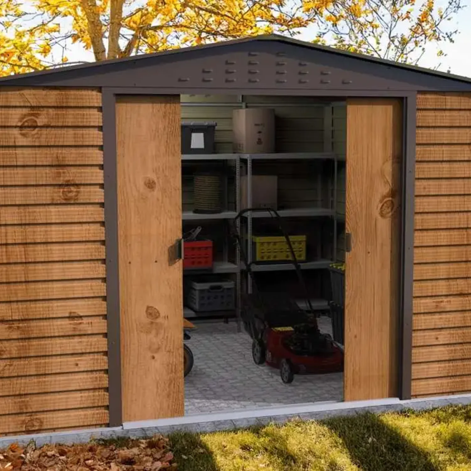 Abri de jardin métallique 9 m² imitation bois